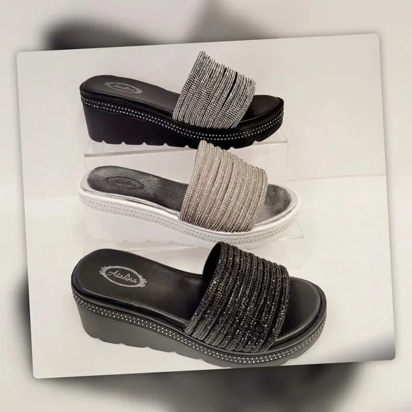 Restock!  White Platform Silver Rhinestone Embellished Wedge Slide-In Sandals - Picture 11 of 12